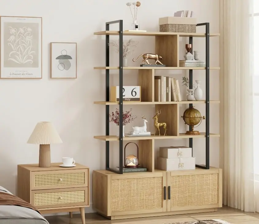 

5-ярусный книжный шкаф из ротанга с тумбой и дверцей, высотой 71,1 дюйма, в индустриальном стиле, для гостиной, спальни