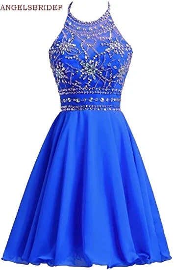 

ANGELSBRIDEP High Neck Short Homecoming Dresses Vestidos de festa Sparkly Beaded Chiffon Pageant Party Dresses Plus Size