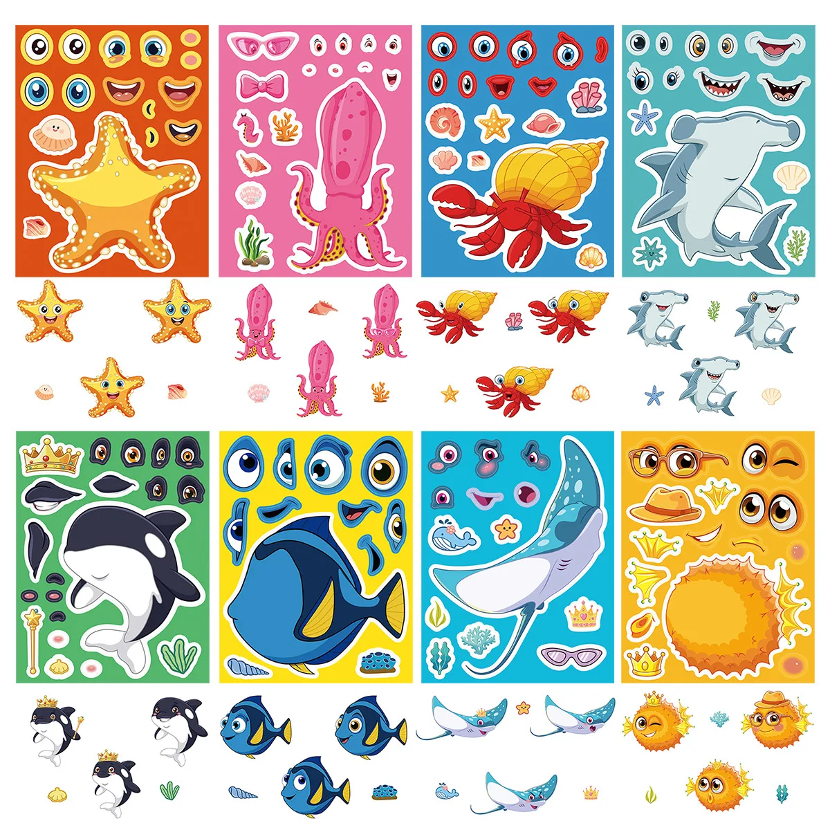 8 Pcs Cartoon Sea Animal Face Change Stickers Marine Life DIY Waterproof Decals for Stationery Rewards Gift