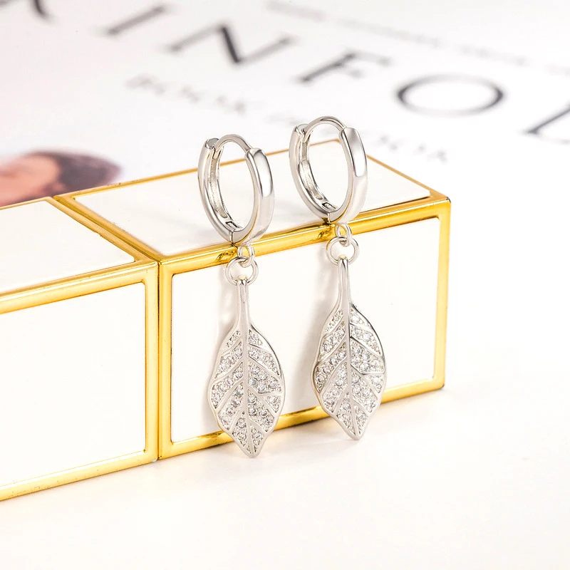 New Bohemian 925 Sterling Silver Leaf Rhinestone Pendants Hoop Earrings Women Jewelry Fine Golden Leaves Zircon Long Drop Ear