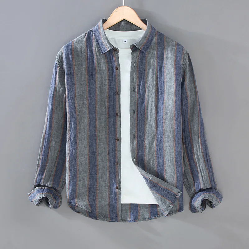 2025 Summer men's fashion trend color woven striped patchwork thin long sleeved shirt casual square neck Japanese retro shirt
