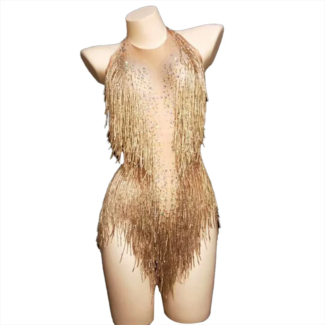 Fashion Women Rompers Performance Show Rhinestone Jumpsuits Sexy Lady Backless Tassel Crystal Short Bodysuits Pole Dancer Wear