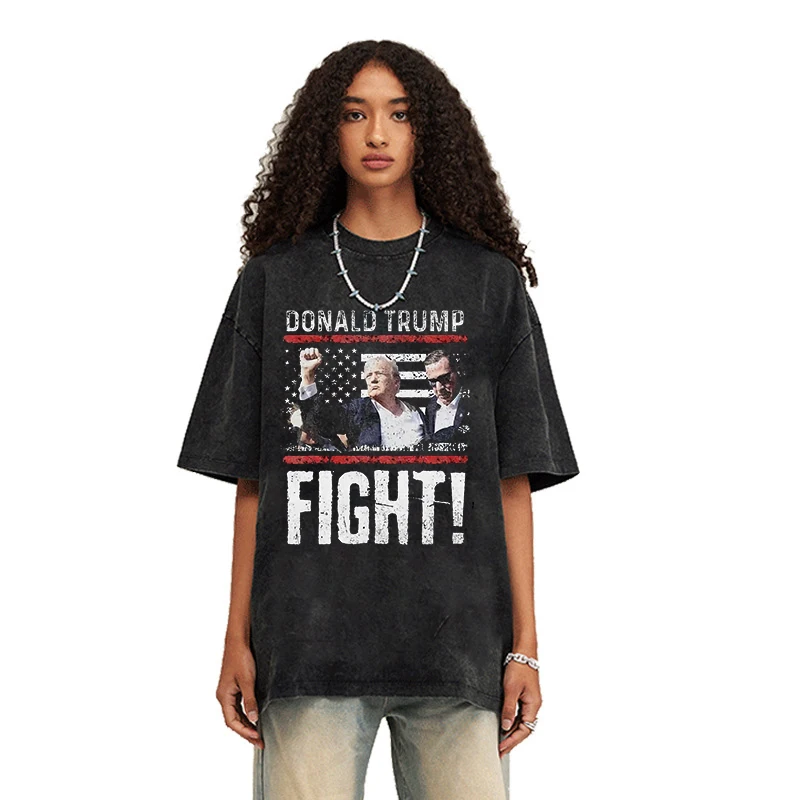 خمر غسلها الرسم تي شيرت ، غسل الحمضية ، قمم الحرفية القديمة ، المحملة ، الولايات المتحدة الأمريكية الرئيس ، ترامب معركة مؤيد المطبوعة الشارع الشهير ، Y2K الملابس