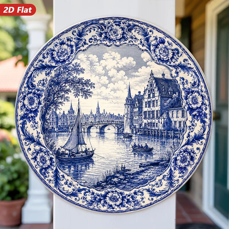 CIFBUY Vintage Blue White Cityscape Round Aluminum Wall Art Waterproof Decorative Metal Sign for Living Room Dining Room Hallway