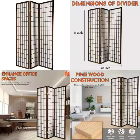 Wooden Grid 3-Panel Room Divider, Translucent Privacy, 52 W x 71 H