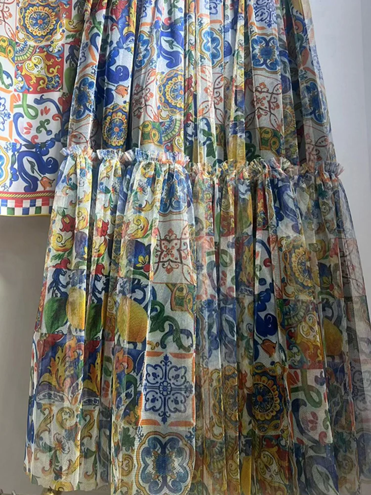 Retro mesh elastic long-sleeved top spring and summer new elastic waist big swing skirt fashion print women's two-piece dress - Image 2