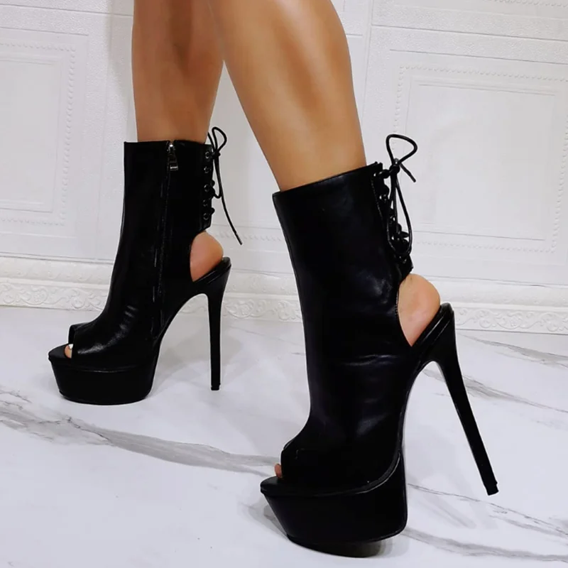 

Modern Peep Toe Lace up Ankle Boots Black Matte Leather Stiletto Heel Platform Female Party Dress Shoes Drop Shipping
