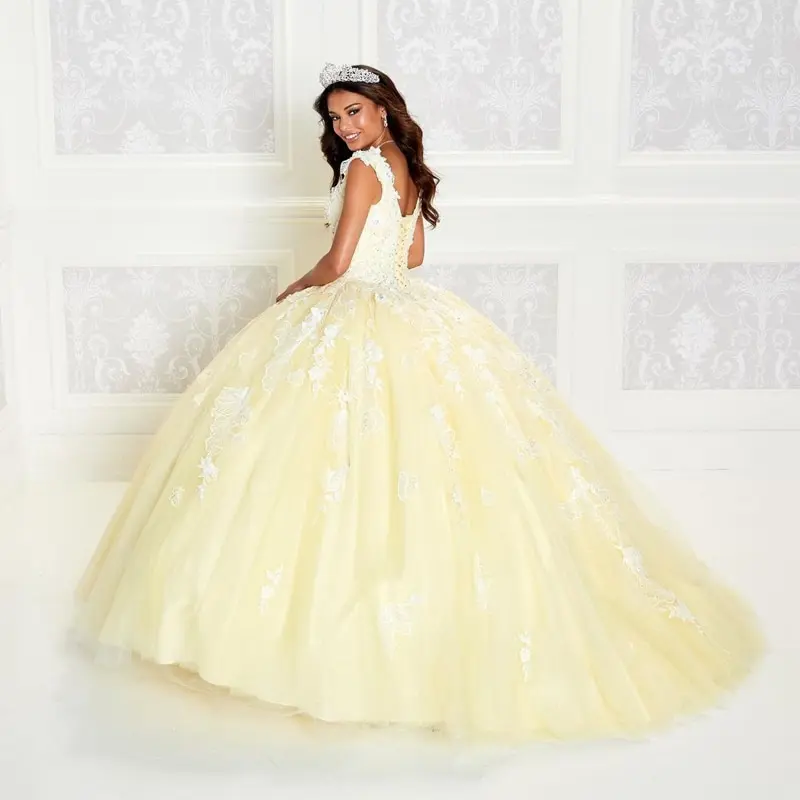 Gelbe Quinceanera-Kleider 2024, Prinzessin, Party, Ballkleid, Spitze, Applikationen, Perlen, wunderschöner Festzug, offener Rücken, individuell gestaltet