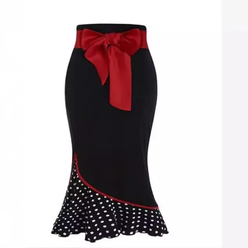 New Autumn Color Matching Slim-fitting High-waisted Sexy Hip-wrapped Fishtail Medium And Long Skirt Women's Clothing