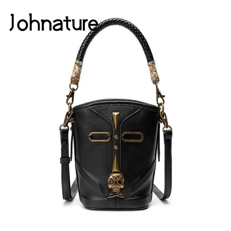 

Johnature Women Bucket Bag 2024 New Vintage Versatile Leather Handbag Fashion Rivet Cowhide Small Shoulder & Crossbody Bags