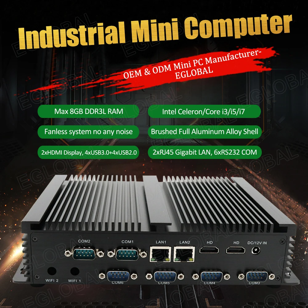 EGLOBAL-Mini PC Industrial Sin ventilador, Intel Core i7-4500U, Dual LAN, 6 x RS232 COM, 2 x HDMI, Windows 10, Linux, 4G, Wifi