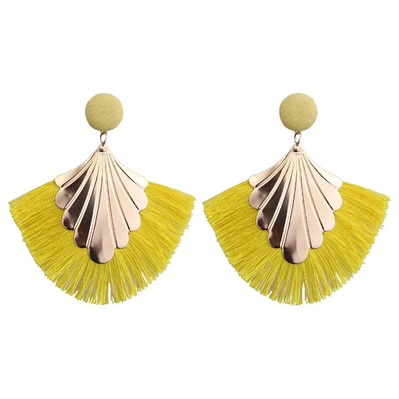 FSUNION 2024 New Bohemia Fan Shaped Tassel Earrings For Women Exaggerated Big Statement Fringed  Vintage Dangle