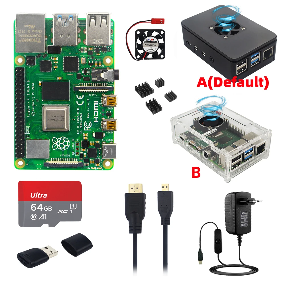 Go! Original Raspberry Pi 4 Model B 8 4 2 1 GB RAM + Case + Fan + Heat Sinks + Power Adapter Optional 32 64 128 GB TF Card for