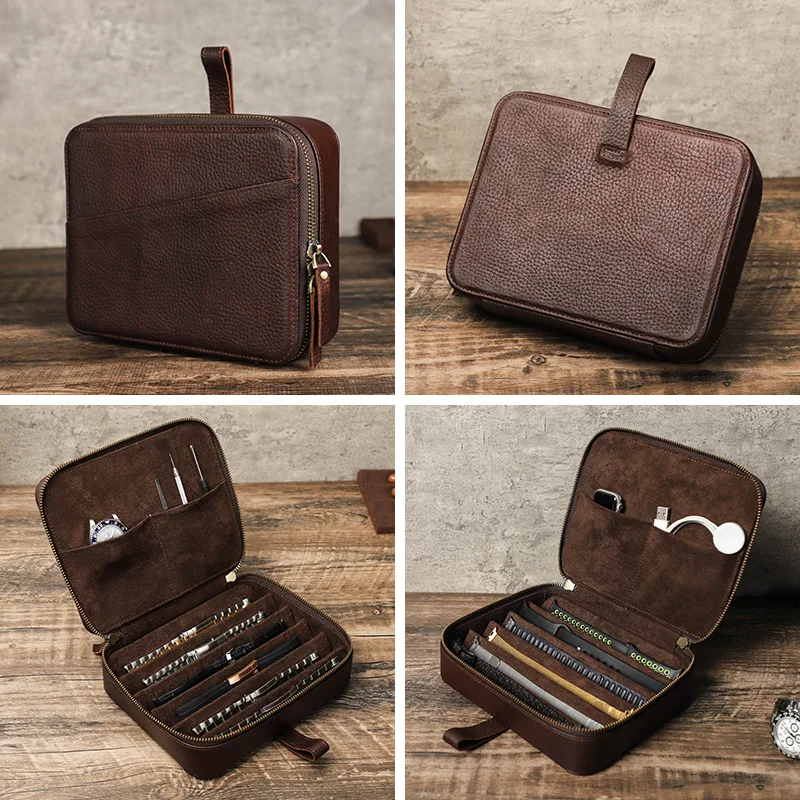 Cowhide Genuine Leather Watch Strap Storage Case Multi-Slot Travel Organizer Box for Watch Bands Watches Repair Tools