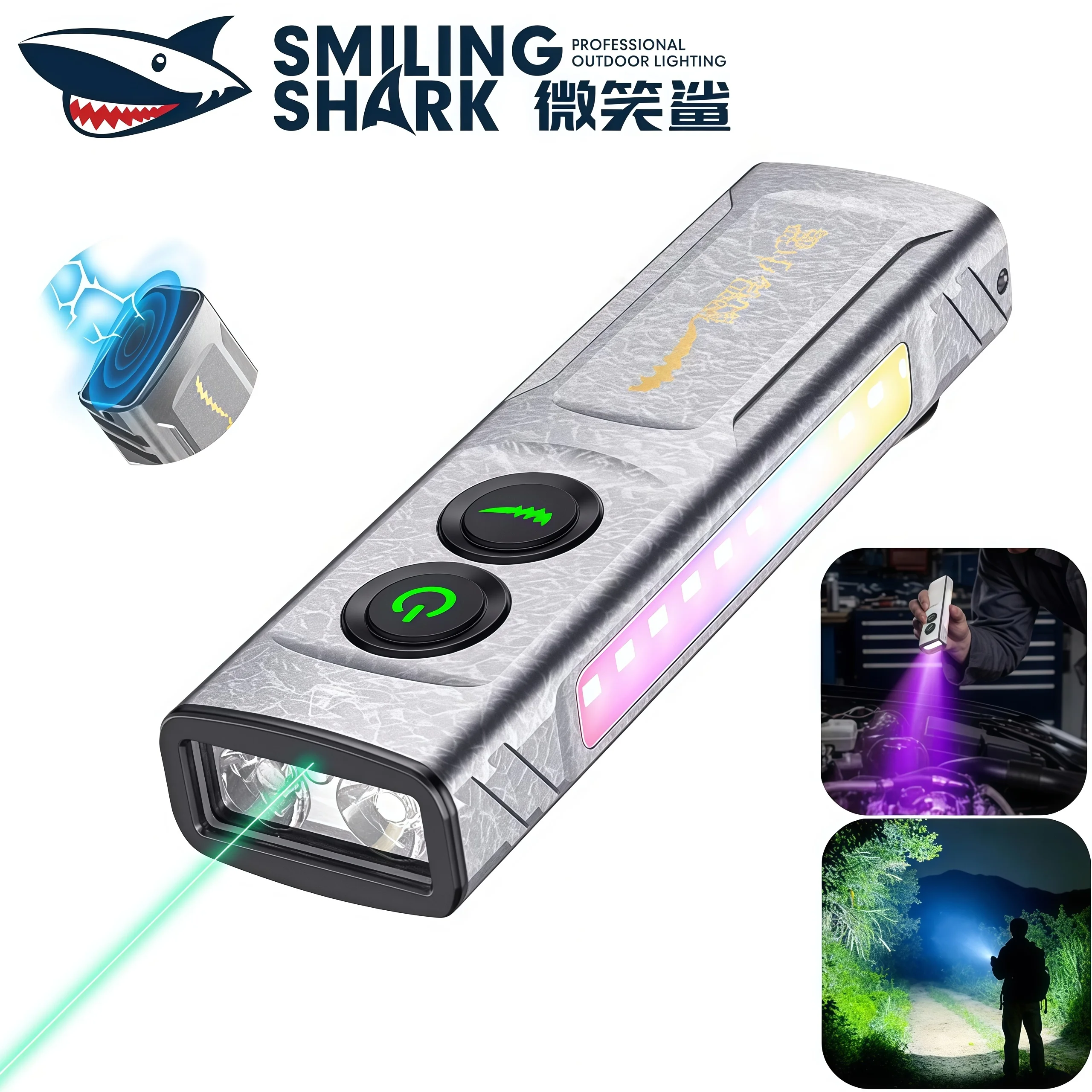 SMILING SHARK Magnetic Flashlight UV Purple Light 10Mode Type c Rechargeable With Clamps Outdoor Emergency Light Waterproof T02