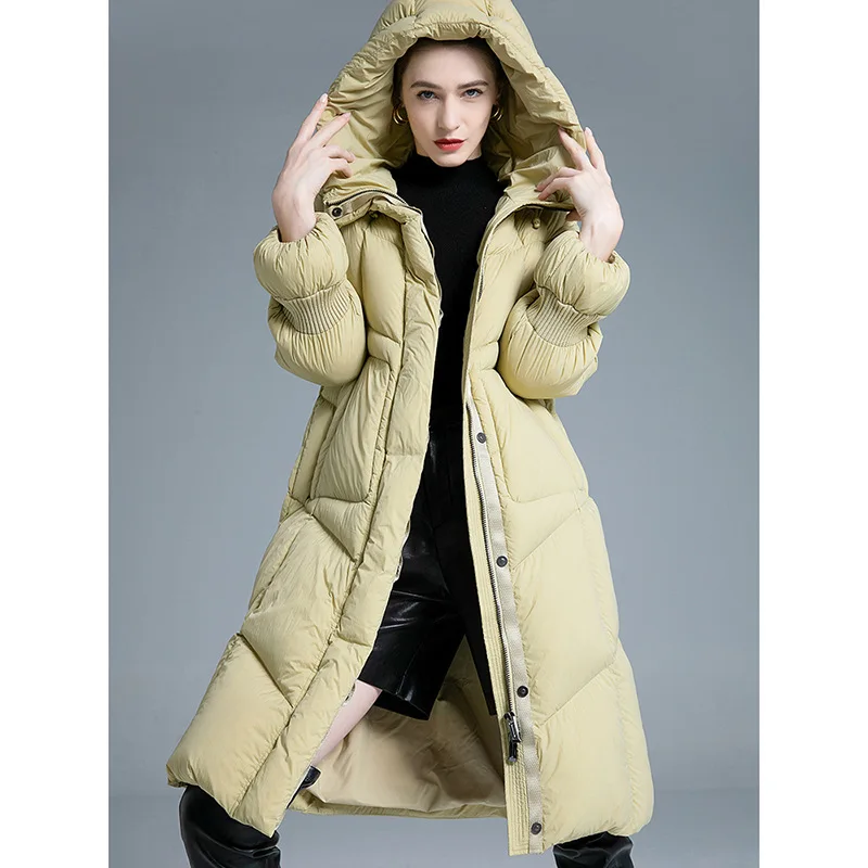Luxury Design Women's Apparel Winter New 90% White Duck Down Thicken Hooded Oversized Fashion Slim-Fit Long Down Coat for Women