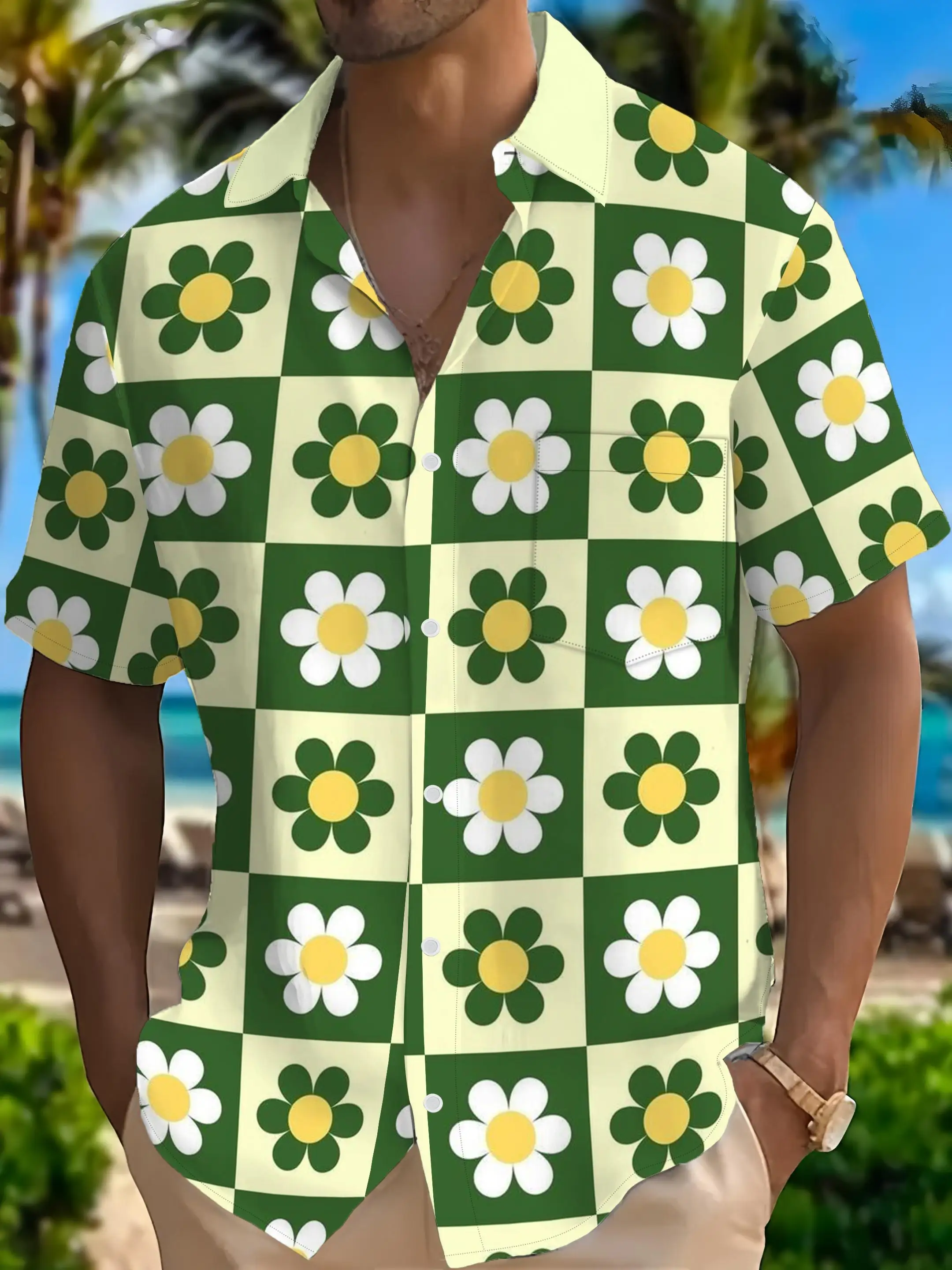 Men's Shirt Daisy Print Short Sleeve Turn Down Collar Loose Fit Summer Seaside Vacation Daily Leisure Trendy Mens Clothing