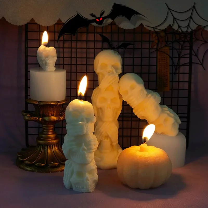1-4PCS 3 Cavity Skull Silicone Mold Halloween 3D Skeleton Resin Candle Mould for Gypsum Soap Plaster DIY Table Decoration