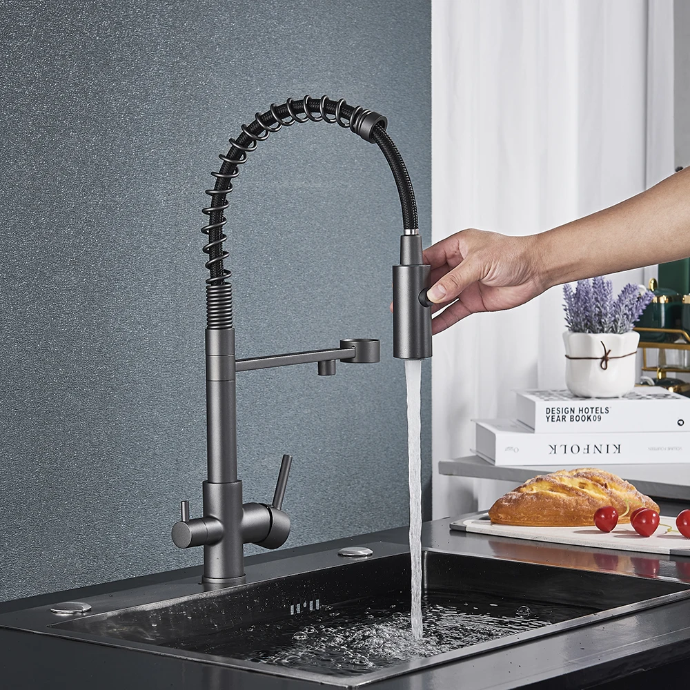 Senlesen Gun Grey Purified Kitchen Faucet Deck Mount Hot Cold Mixer Crane Tap Rotation Spray Stream Mode For Filter Drink Water