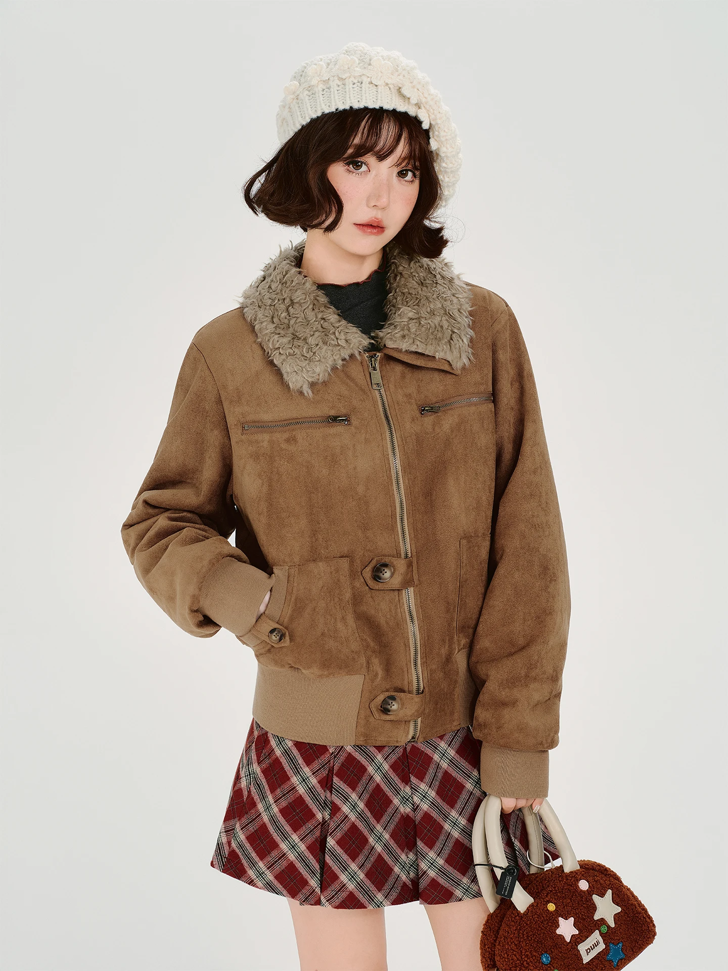 

Girly American Retro Suede Fur Jaet Women's Winter Thiened Warm Top Casual Slim Fit Long Sve Zipper Closure