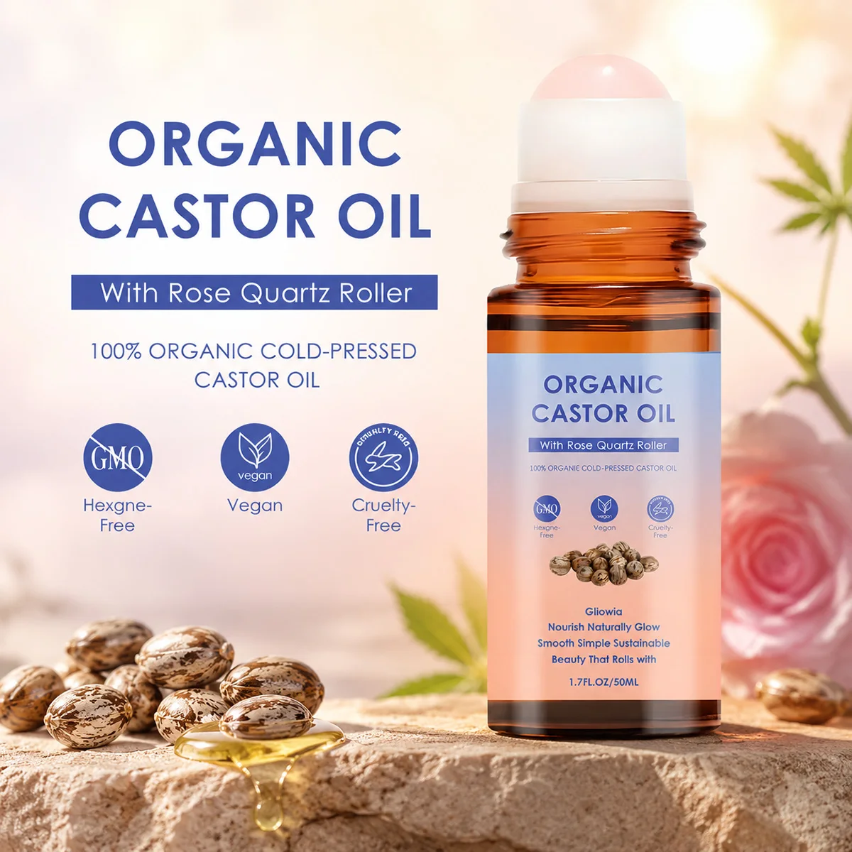 Organic Castor Oil Rose Quartz Roller Ball, 100% Pure Cold-Pressed Hexane-Free, for Body, Eyebrows & Skin Massage Care Oil