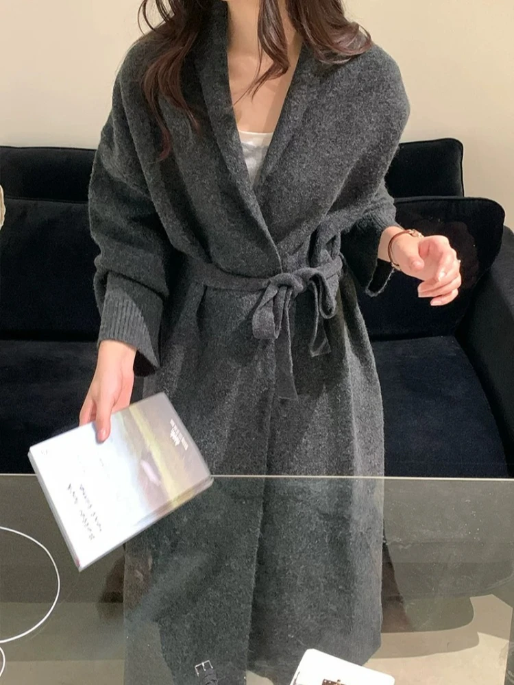 Casual Loose Long Knitted Cardigan Autumn and Winter Women's Coats New Skinny waist Solid Lace-up Long-sleeved Fashion Cardigan