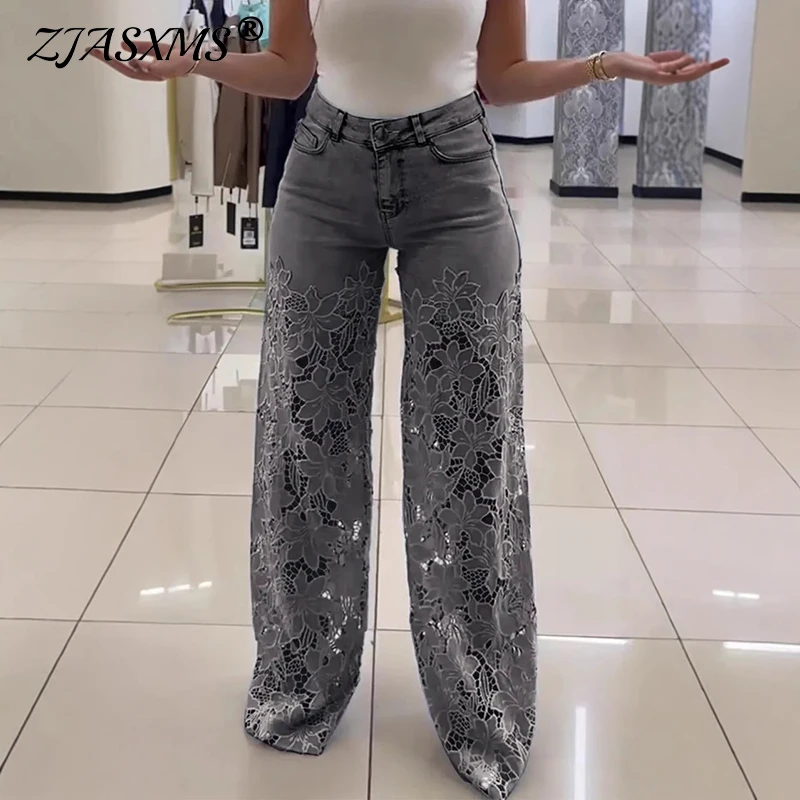 Crochet Spliced Lace Hollow Out Flower Jeans for Woman Elegant Button Pocket Denim Pants Summer Streetwear Wide Leg Zip Trousers