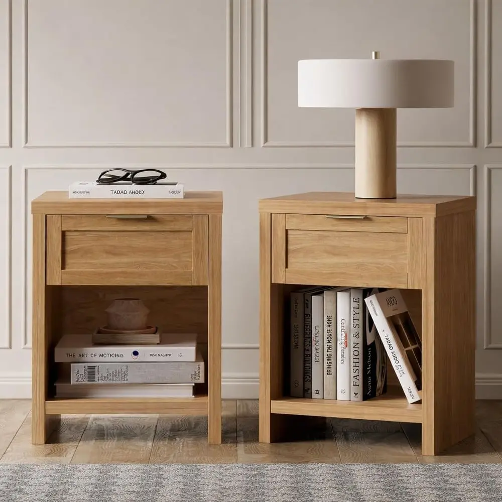 Weathered oak bedside unit set of 2 in a minimalist bedroom setting