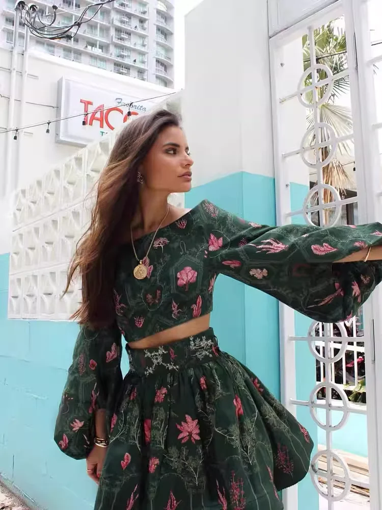 

Flower Print Women Green Suits 2025 New Slash Neck Lantern Sleeve Crop Top + High Waist Mini Skirt Vintage Female Set