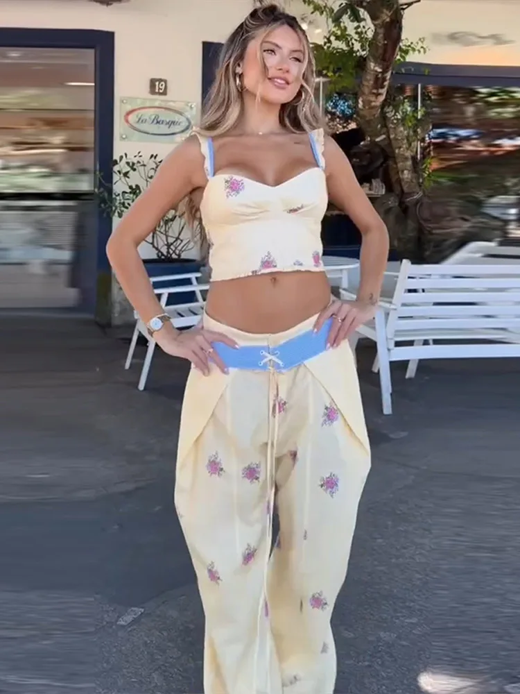 Y2K Floral Printed 2 Pcs Set Sweetheart Corset Cami Crop Top Pink Flip Waist Lace Up Wide Leg Pants Summer Sweet Co Ord Outfits