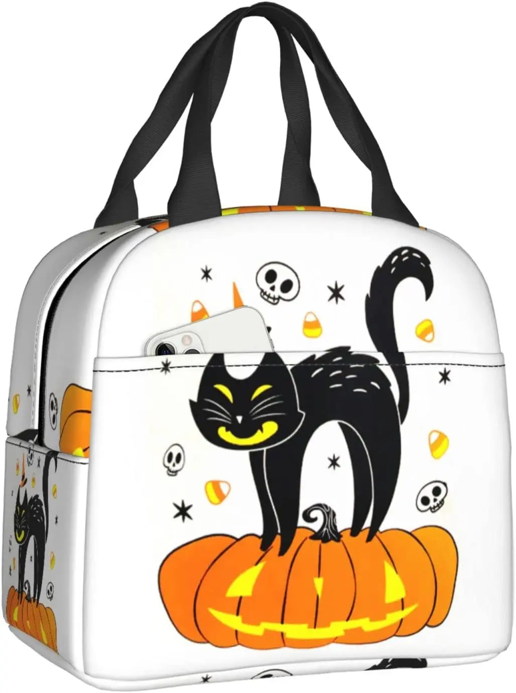 Black Cat Halloween Lunch Bag, lancheira reutilizável isolada, sacola térmica, saco térmico para mulheres, homens, trabalho de piquenique