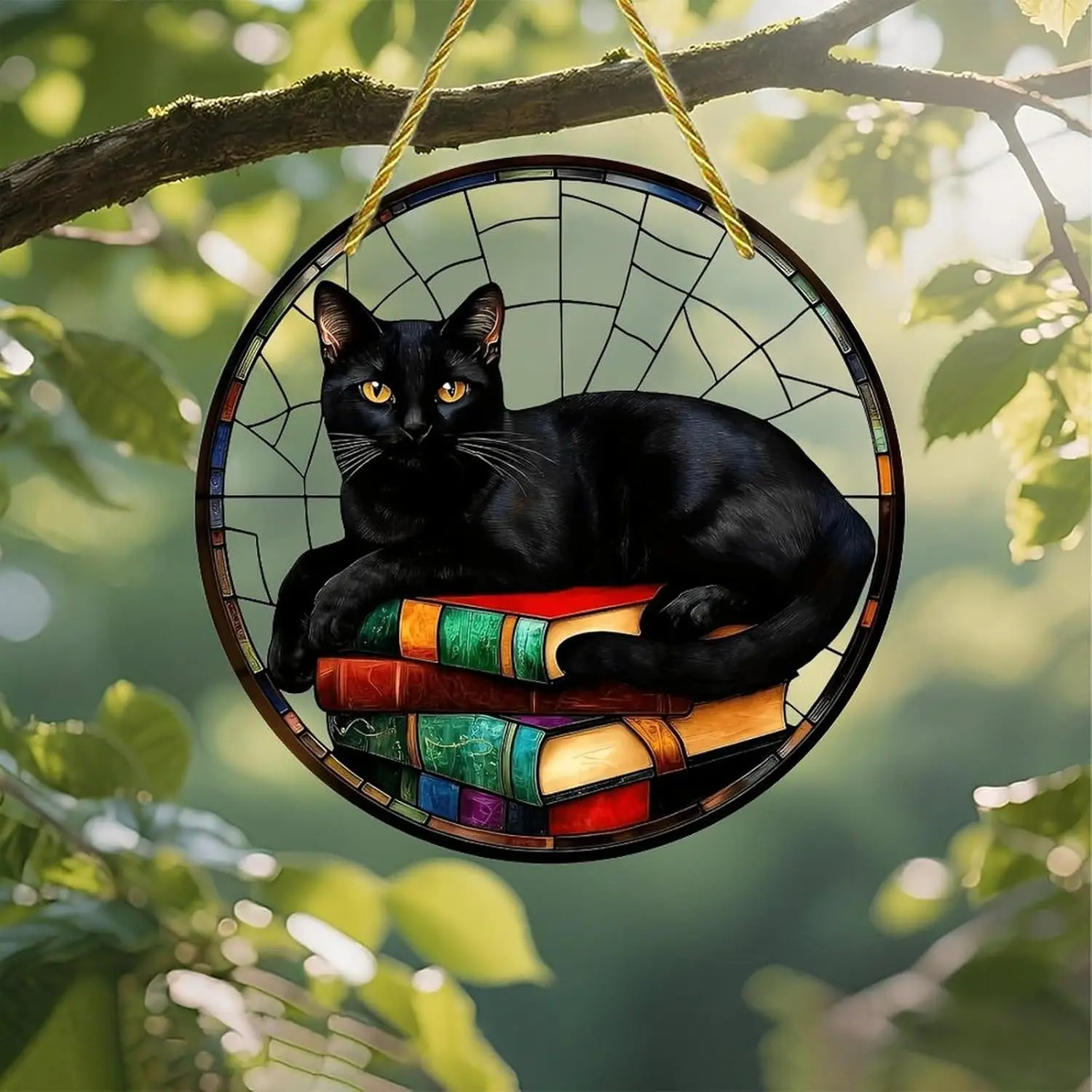 Colorful Acrylic Suncatcher, Halloween Black Cat Resting on Books Hanging Window Wall Art Decor with Printed Stained Glass Style