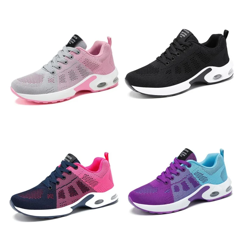 Women Casual Mesh Fabric Shoes Air-cushion Elastic Lace Up Sneakers Flat Breathable Lightweight Soft-Soled Antislip Jogging Shoe