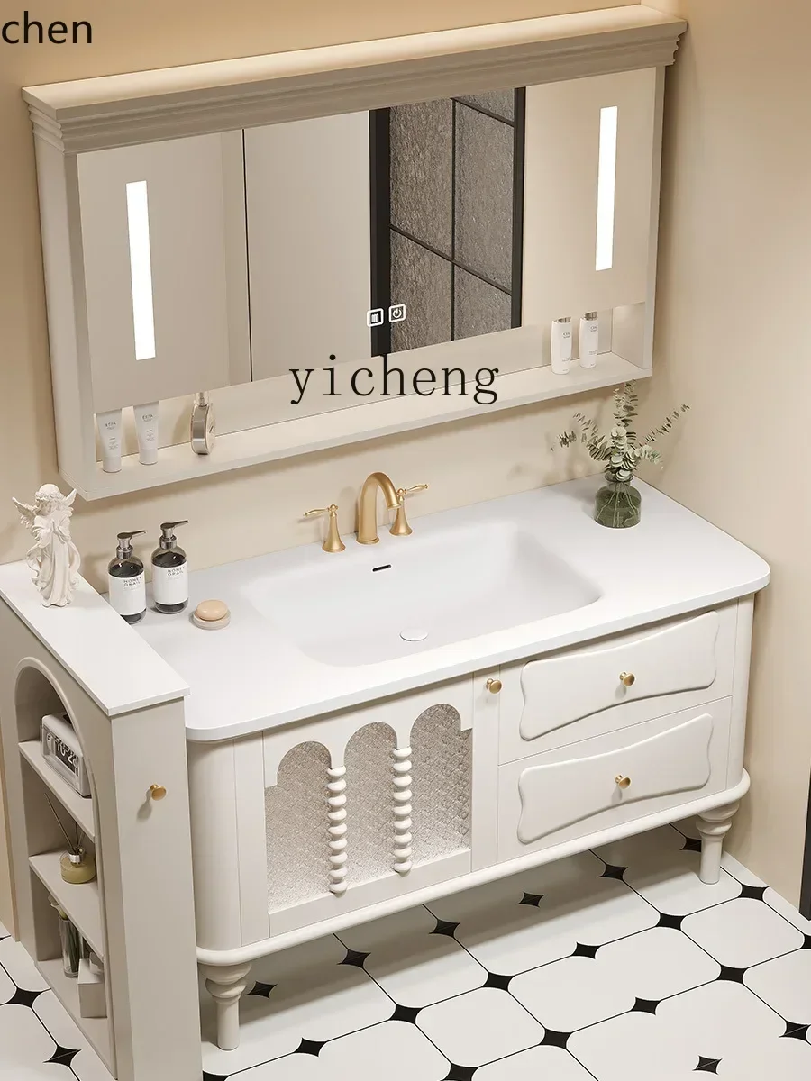 y9-  floor-to-ceiling DuPont Corian integrated basin retro rubber wood bathroom cabinet combination washbasin