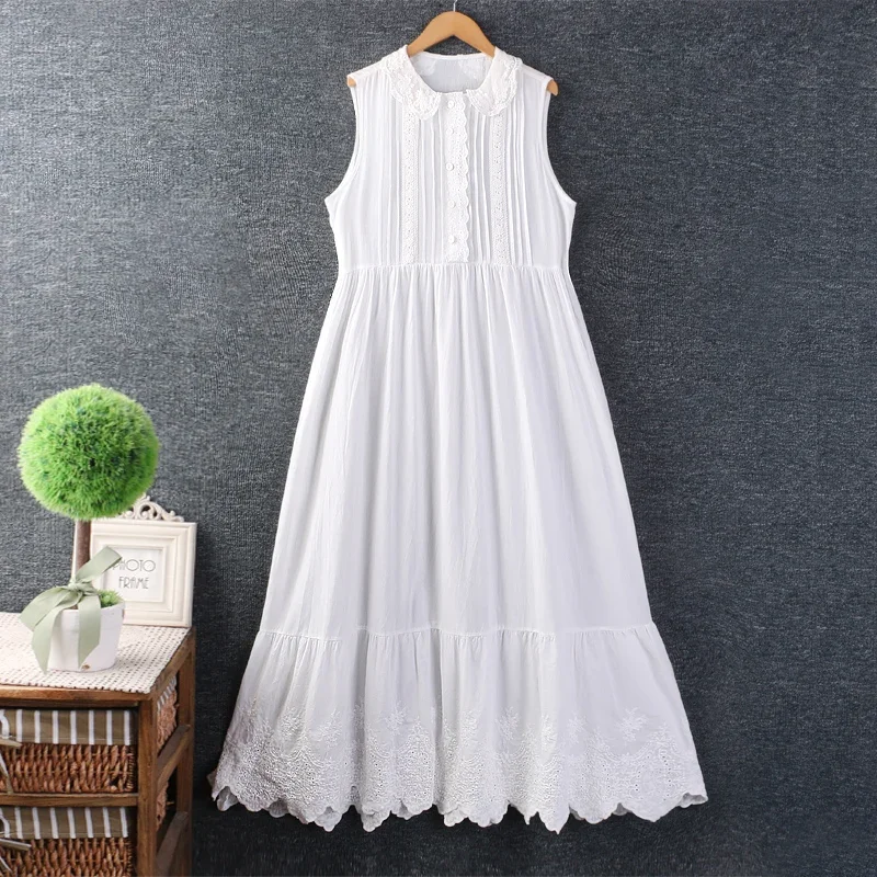 

Spring Summer Sweet Mori Girl Solid Color Embroidered Tank Dress Women Cute Peter Pan Collar Sleeveless Casual Under the Dress