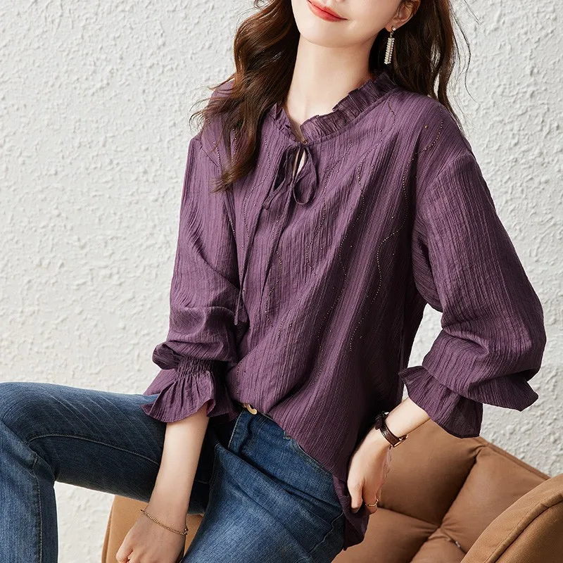 Women Long Sleeve Blouse Shirt New Arrival 2024 Spring Korean Style Flare Sleeve Basics Loose Ladies Elegant Tops Shirts B3246