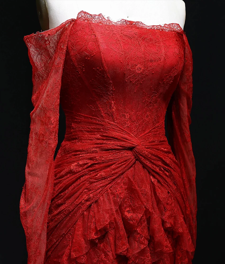 تخصيص رائعة الدانتيل المتدرج حورية البحر الكشكشة المتدرج قبالة الكتف مساء اللباس جودة عالية طويلة الأكمام فساتين حفلة موسيقية