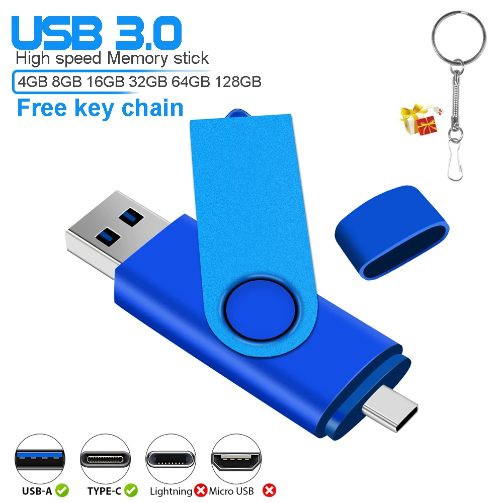 TYPE-C 2in1 Rotatable USB 3.0 Flash Drive128GB for Android & Iphone 15/16 Serie Pen Drive 64GB Free Key Chain Memory Stick 32GB