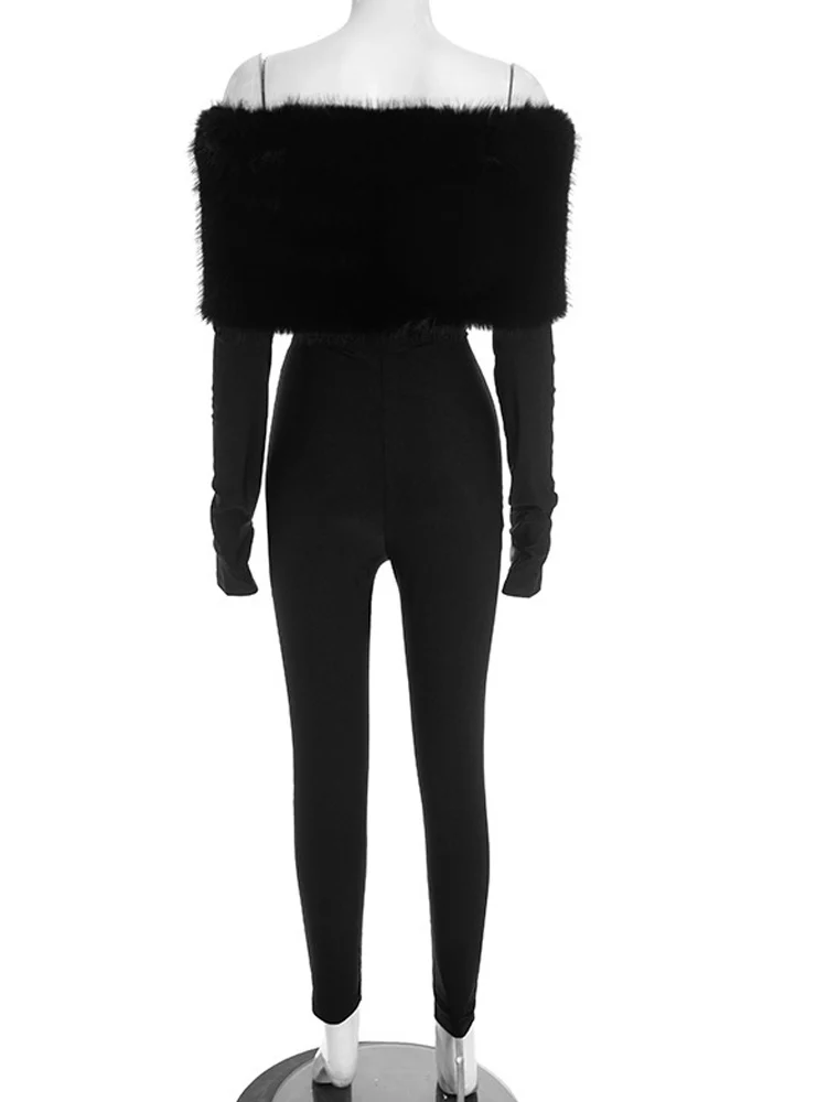 بدلة قفز شتوية من Kricesseen مكشوفة الأكتاف من الفرو الصناعي للنساء بأكمام طويلة وخصر عالٍ بدلة قطعة واحدة للحفلات الليلية