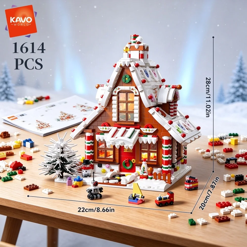 KAVOWORLD 1614PCS Gingerbread Cottage Building Blocks Set with LED Lights Christmas Winter Village DIY Bricks Assembly Toy Kit Festive Home Decor Collectible Display Snowman Tree Creative Xmas Gift for Teens Adults New Year Family Couples Holiday Birthday