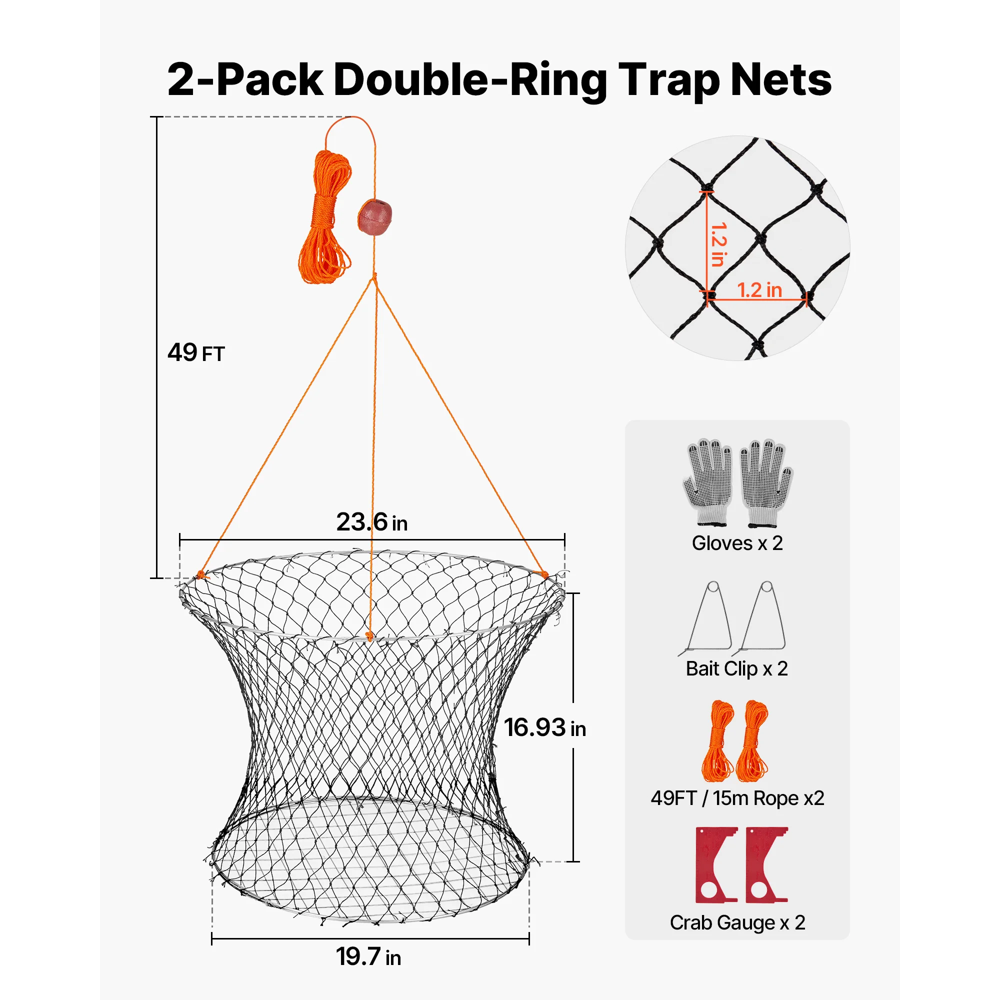 SucceBuy Double Ring Crab Trap 24in Top 20in Bottom Two Rings Crab Kit Foldable Fishing Net with Gauge 60ft Rope Wire Grid 2set