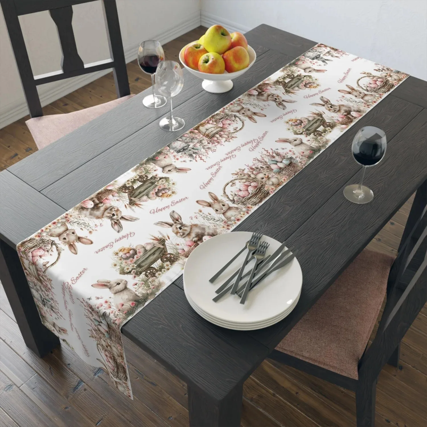 Happy Easter Watercolor Bunny Floral Table Runner Egg Basket Wildflower Print Spring Festival Dining Table Home Decor 