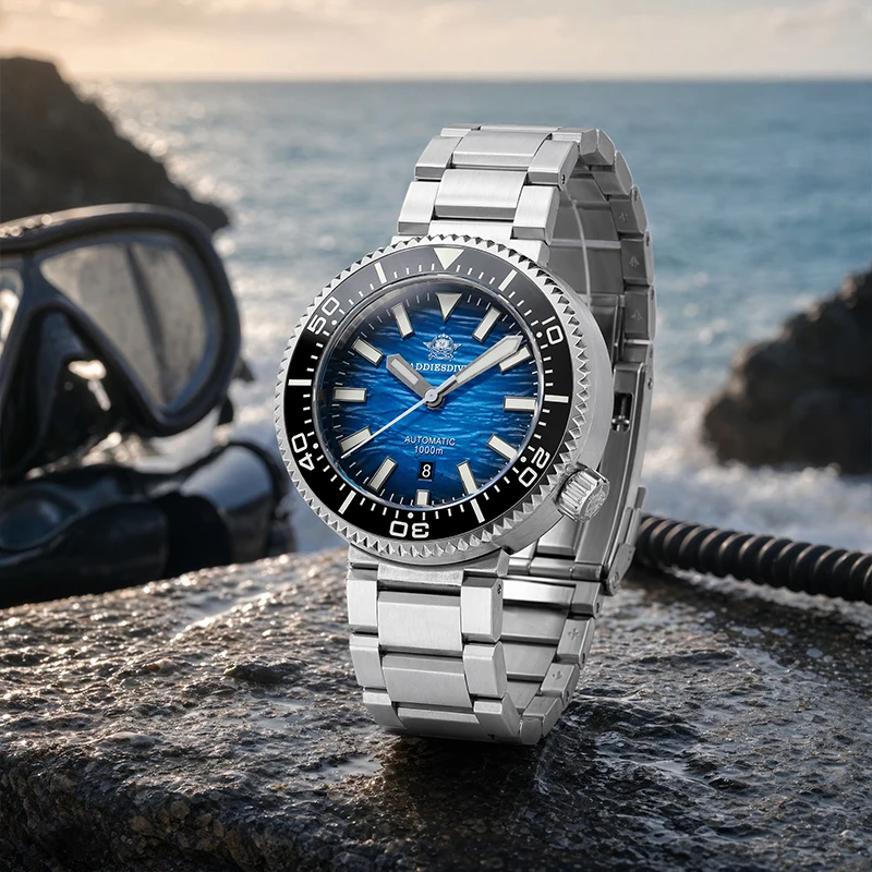ADDIESDIVE 46mm Diver Watch 8215 Automatic Mechanical 3D Wave Dial AR Sapphire Ceramic Bezel Luminous Waterproof 1000m Watch New