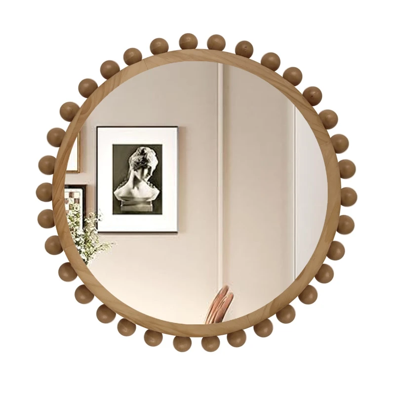 

Round Wooden Large Bubble Wooden Bead Border Decorative Mirror Modern Simple Light Luxury Wall Decoration Mirror
