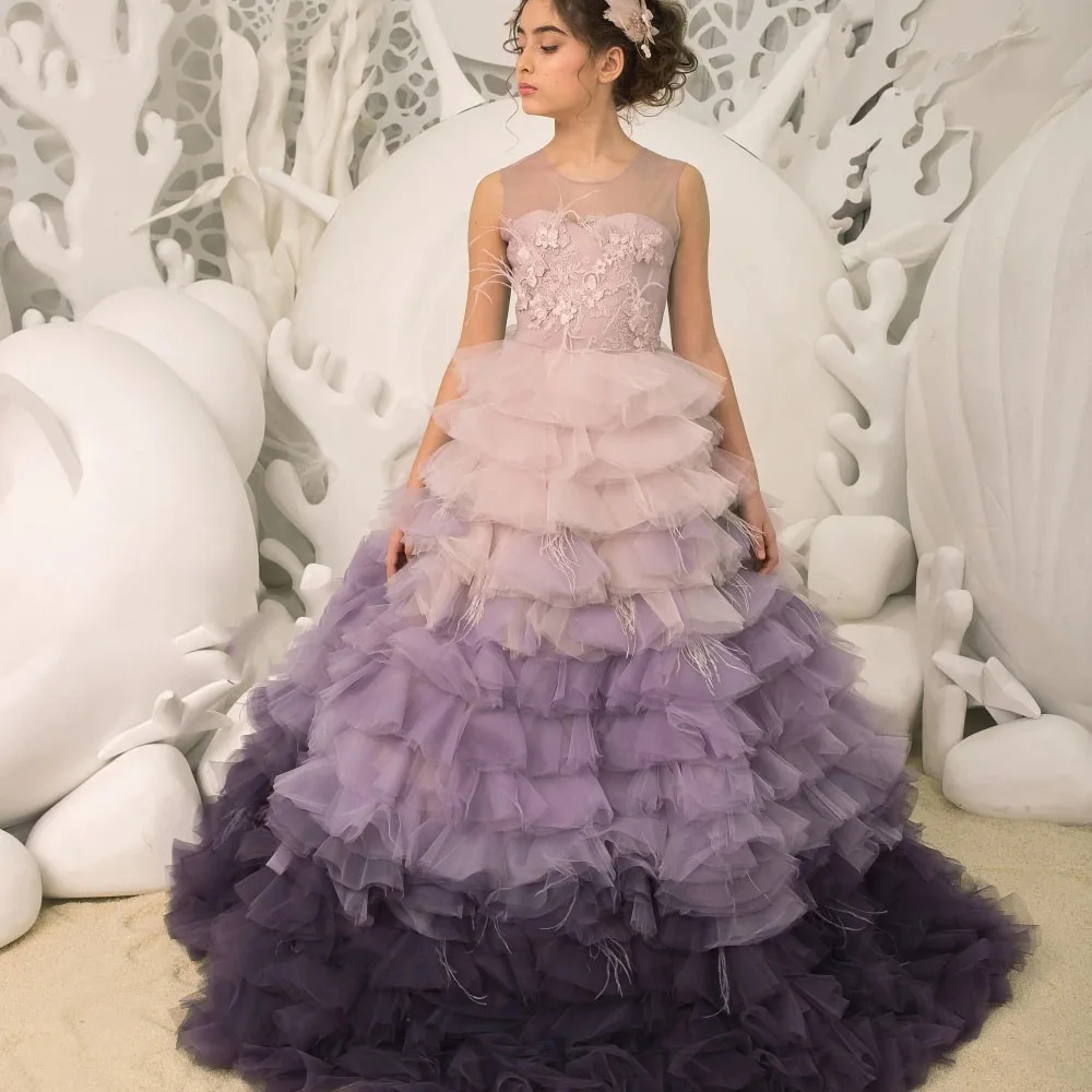 

Flower Girl Dress For Wedding Tulle Puffy Feather Gradient Purple Applique Tiered Child First Eucharistic Birthday Party Dresses