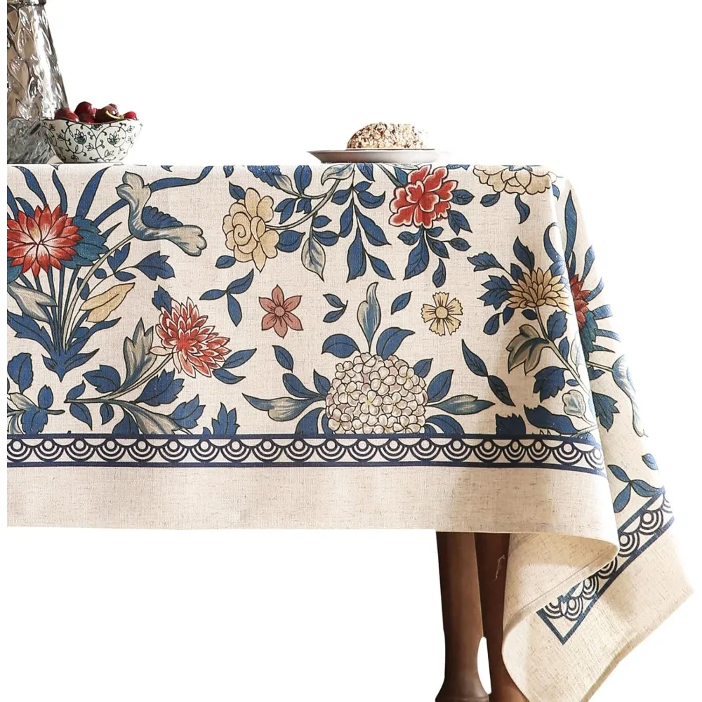 

Винтажная льняная прямоугольная скатерть с листьями и цветочным дизайном для декора фермерского дома