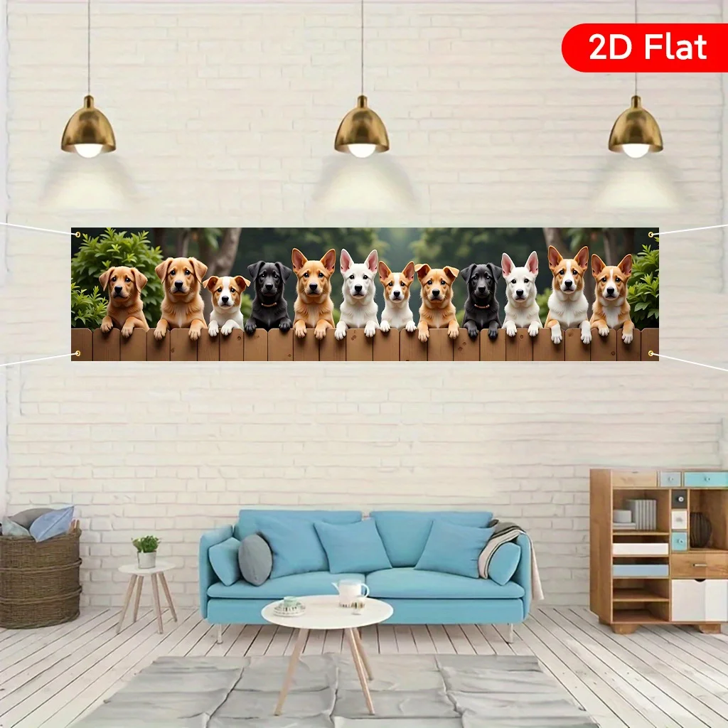 Cute Dogs on Fence Party Banner - Single Piece Large Puppies Pattern Indoor Outdoor Yard Garden Hanging Decoration Polyester