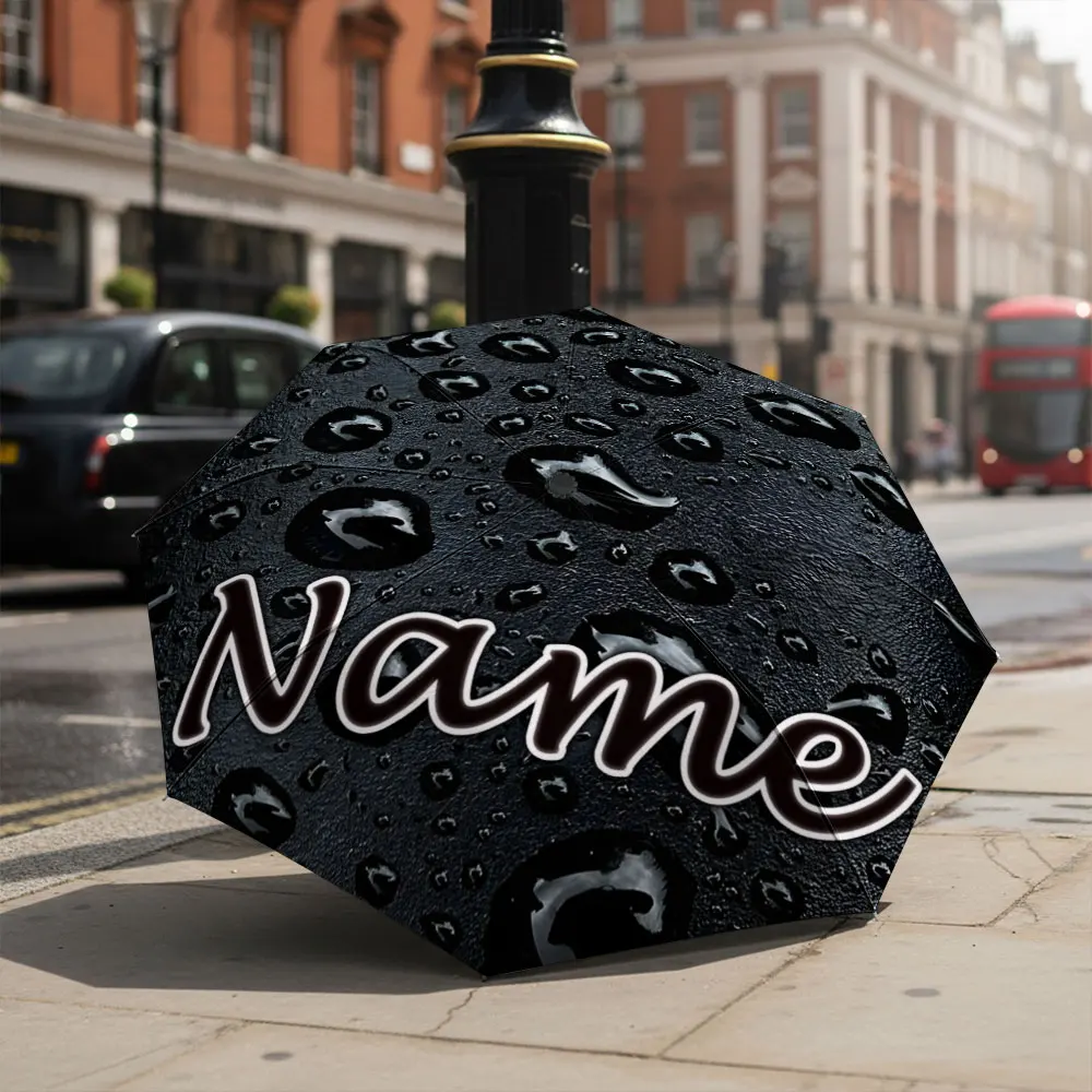 Custom Name Umbrella Black Water Drop Texture Print Folding Umbrella Portable Travel Parasol Realistic Water Bead Pattern