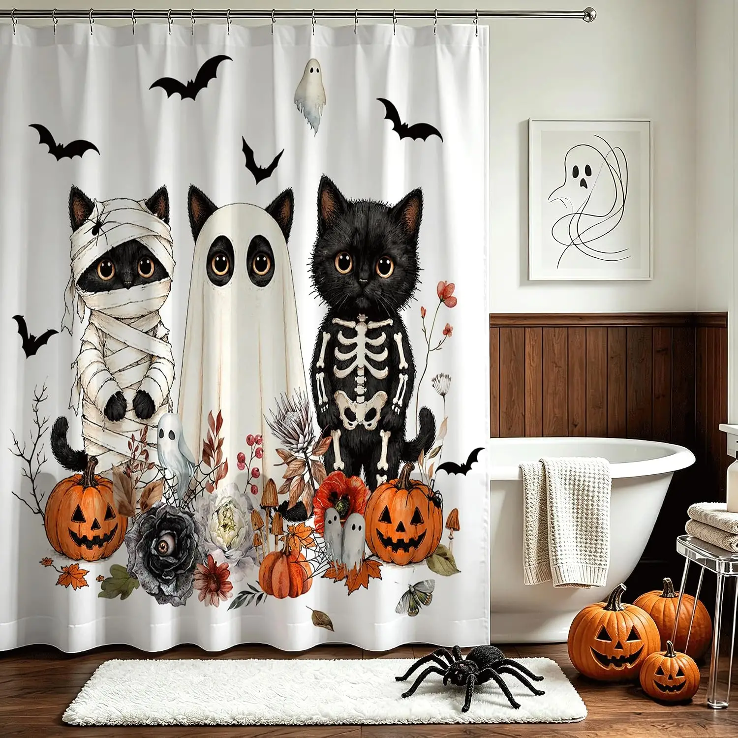 Halloween Black Cat Shower Curtain, Mummy Ghost Skeleton Cats Pumpkin Bat Floral Print Waterproof Bath Curtain For Holiday Decor