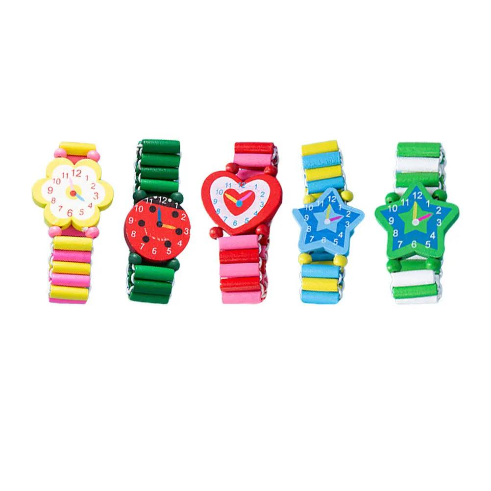 5Pcs Colorful Wooden Cartoon Watches Simulation Bracelet Educational Time Cognitive Early Learning Play